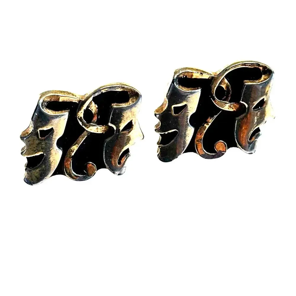 Vintage Mid Century 60's Gold Cufflinks Thespian masks comedy & tragedy faces